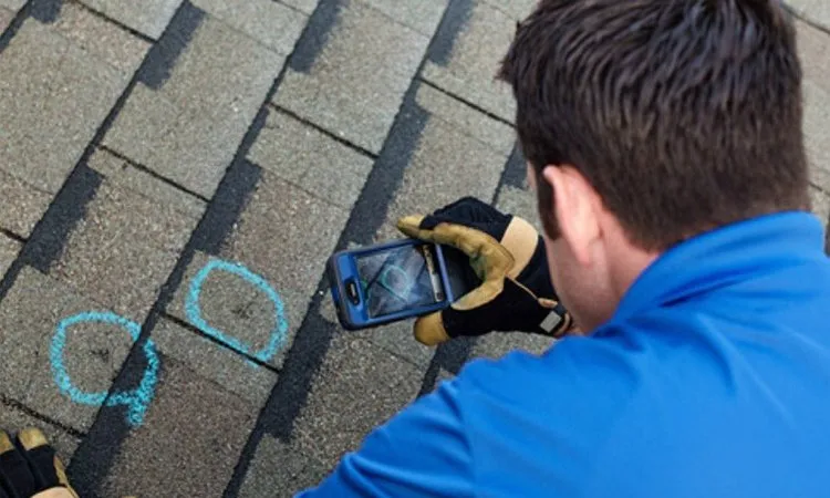 Inspector photographing chalk-circled hail damage on a shingle roof